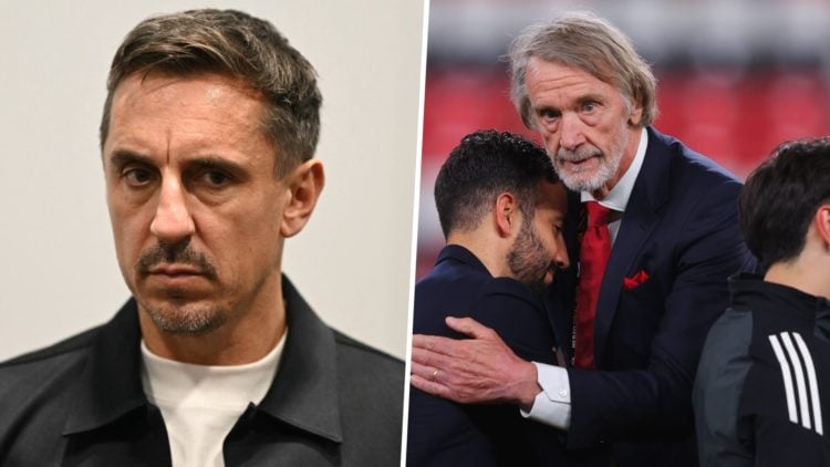 Gary Neville split image with Sir Jim Ratcliffe and Ruben Amorim