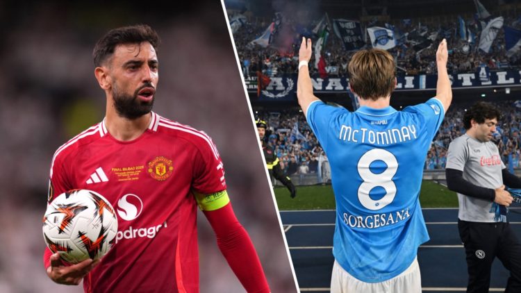 Split image. Bruno Fernandes holds ball for Manchester United during Europa League final and Scott McTominay stands with arms out to Napoli fans af...