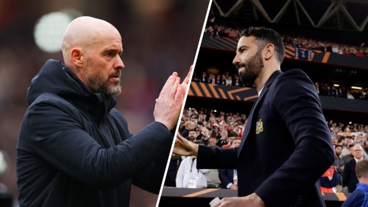 Split image, Erik ten Hag applauds Manchester United supporters facing to the left and Ruben Amorim walking toward the bench during Europa League f...
