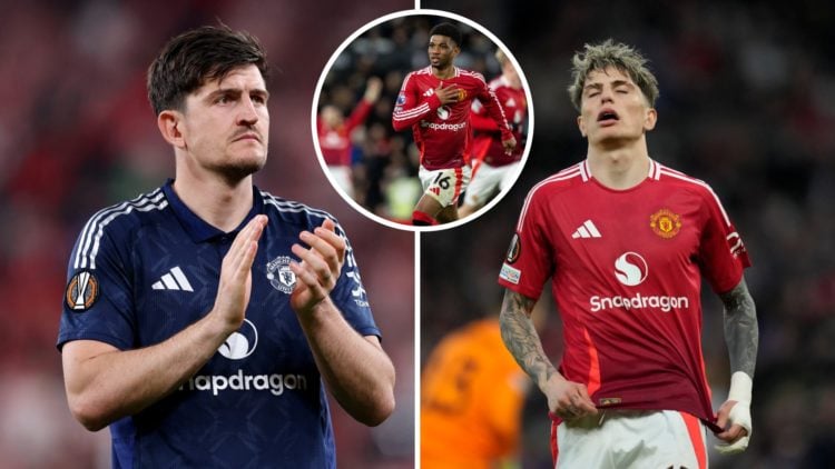 Harry Maguire clapping Man Utd fans, Alejandro Garnacho looking frustrated, Amad celebrating a goal for Man Utd