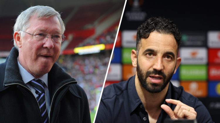 Split image of legendary Manchester United manager Sir Alex Ferguson and current head coach Ruben Amorim.