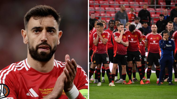 Split image of Manchester United captain Bruno Fernandes, and Manchester United players after the Europa League final defeat in Bilbao.