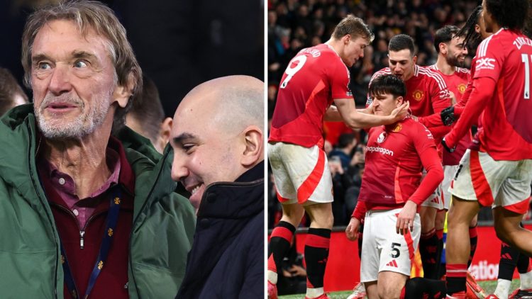 Manchester United co-owner Sir Jim Ratcliffe and Manchester United players celebrating at Old Trafford.