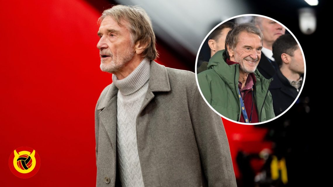 Sir Jim Ratcliffe walking into Old Trafford to the left of camera wearing grey. Inset Sir Jim Ratcliffe smiles while watching Manchester United pla...
