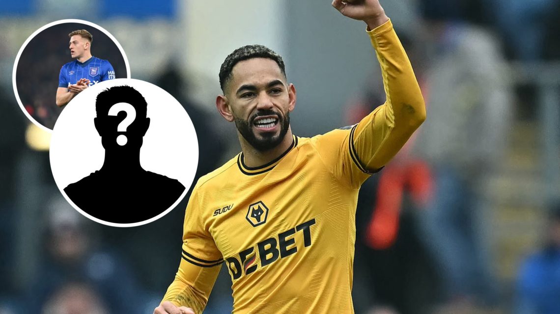 Wolves forward Matheus Cunha, inset of Ipswich Town striker Liam Delap and a mystery player.
