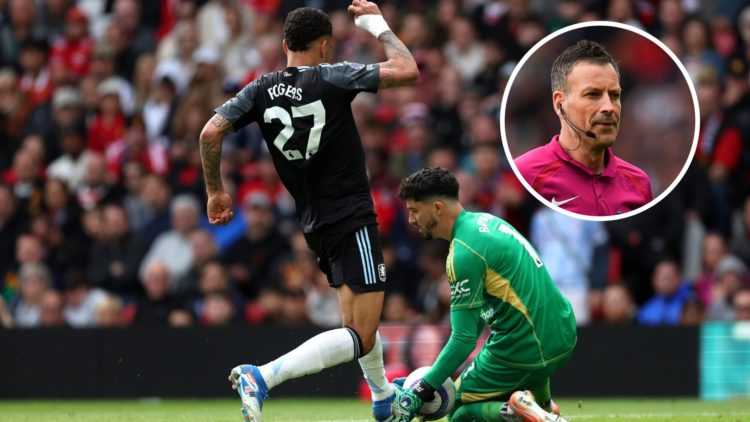 Manchester United goalkeeper Altay Bayindir vs Aston Villa, inset of former Premier League referee Mark Clattenburg.