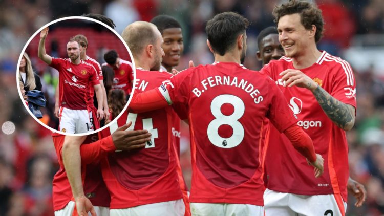 Manchester United players celebrate scoring against Aston Villa, inset of Christian Eriksen.