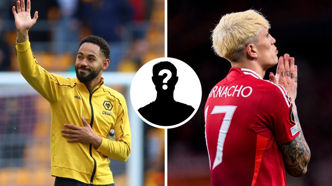 Matheus Cunha of Wolves (left) waves goodbye to fans, Alejandro Garnacho of Manchester United with his back to the camera (right), mystery overlay ...