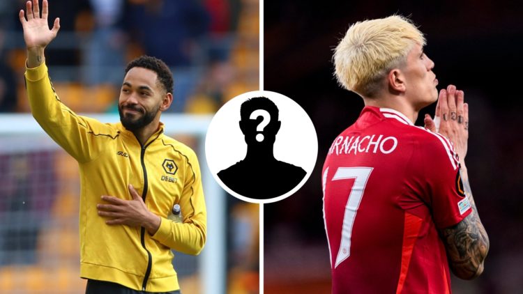 Matheus Cunha of Wolves (left) waves goodbye to fans, Alejandro Garnacho of Manchester United with his back to the camera (right), mystery overlay ...