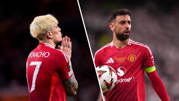 Split image. Alejandro Garnacho with hands together facing away from camera while wearing Manchester United kit and Bruno Fernandes holding ball du...