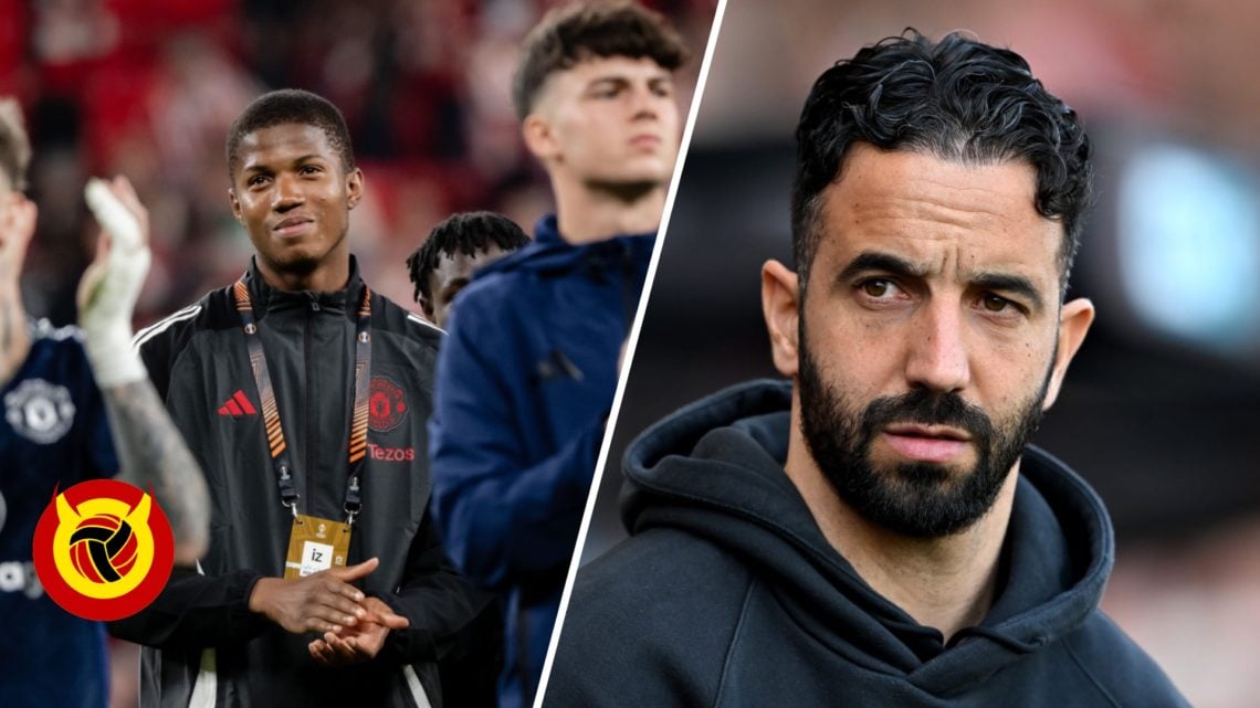 Split image. Chido Obi claps Manchester United fans after 3-0 win over Athletic Club while wearing United tracksuit with Tyler Fredricson ahead of ...