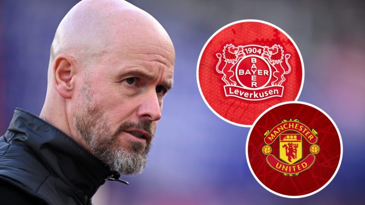 Erik ten Hag of Manchester United with a Man Utd badge and Bayer Leverkusen badge