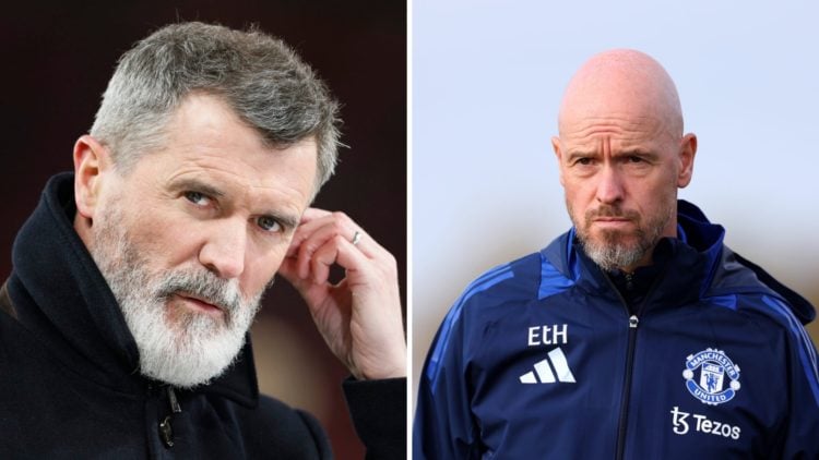 Roy Keane pundit for Sky Sports (left), Erik ten Hag when he was Manchester United manager (right)