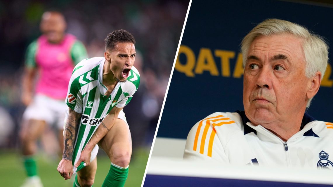 A split image of Real Betis winger Antony (L) and Real Madrid manager Carlo Ancelotti (R)