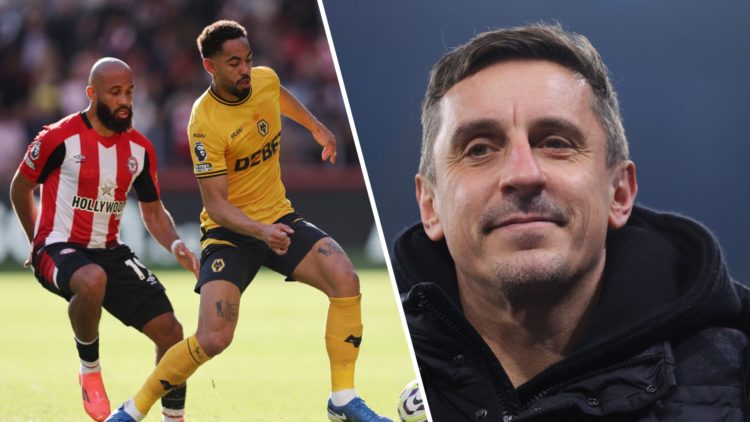 Split image. Bryan Mbeumo and Matheus Cunha challenge for ball during Brentford vs Wolves and Gary Neville smiling at camera.