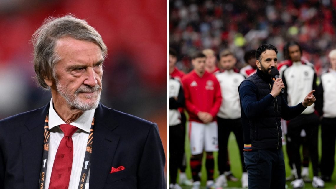 Split image of Manchester United owner Sir Jim Ratcliffe and head coach Ruben Amorim at Old Trafford.