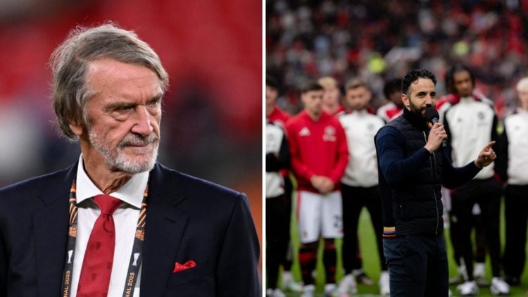 Split image of Manchester United owner Sir Jim Ratcliffe and head coach Ruben Amorim at Old Trafford.