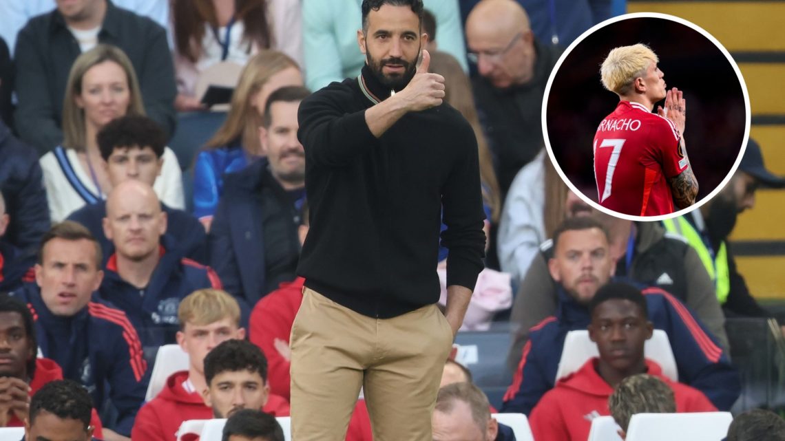 Ruben Amorim as Man Utd manager giving a thumbs up to his players, Alejandro Garnacho looking frustrated