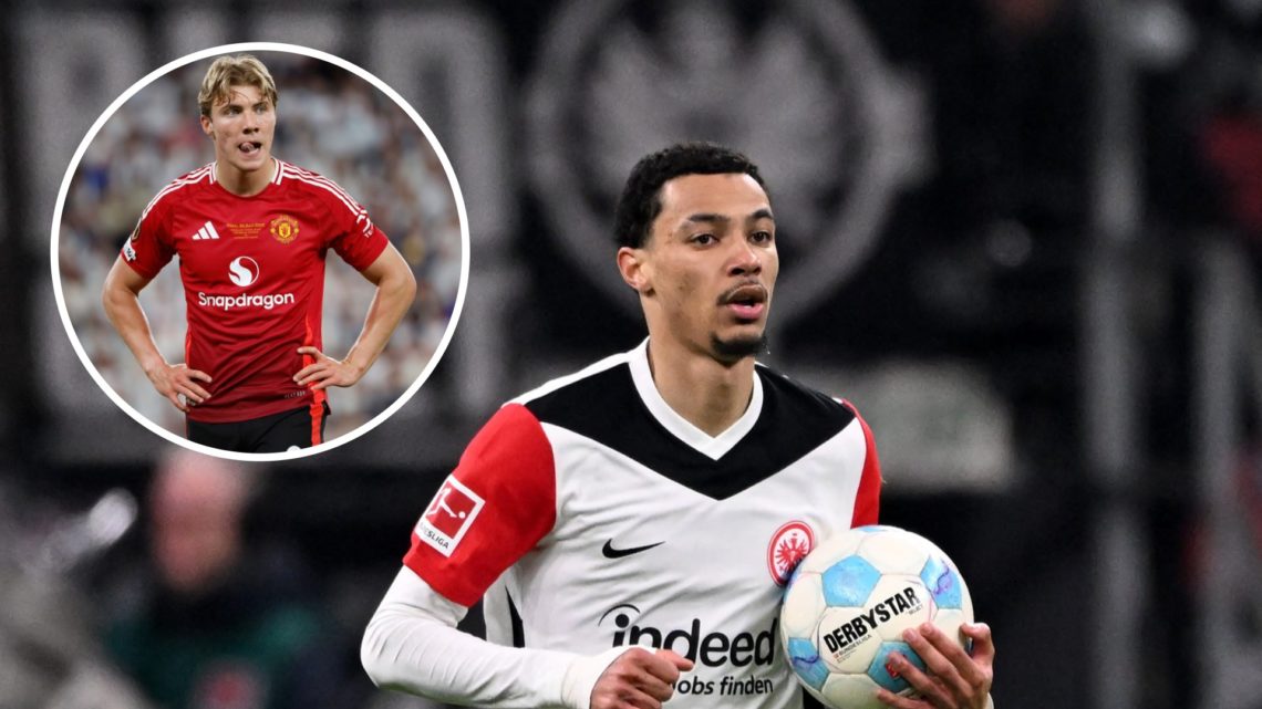 Eintracht Frankfurt striker Hugo Ekitike, inset of Manchester United striker Rasmus Hojlund.