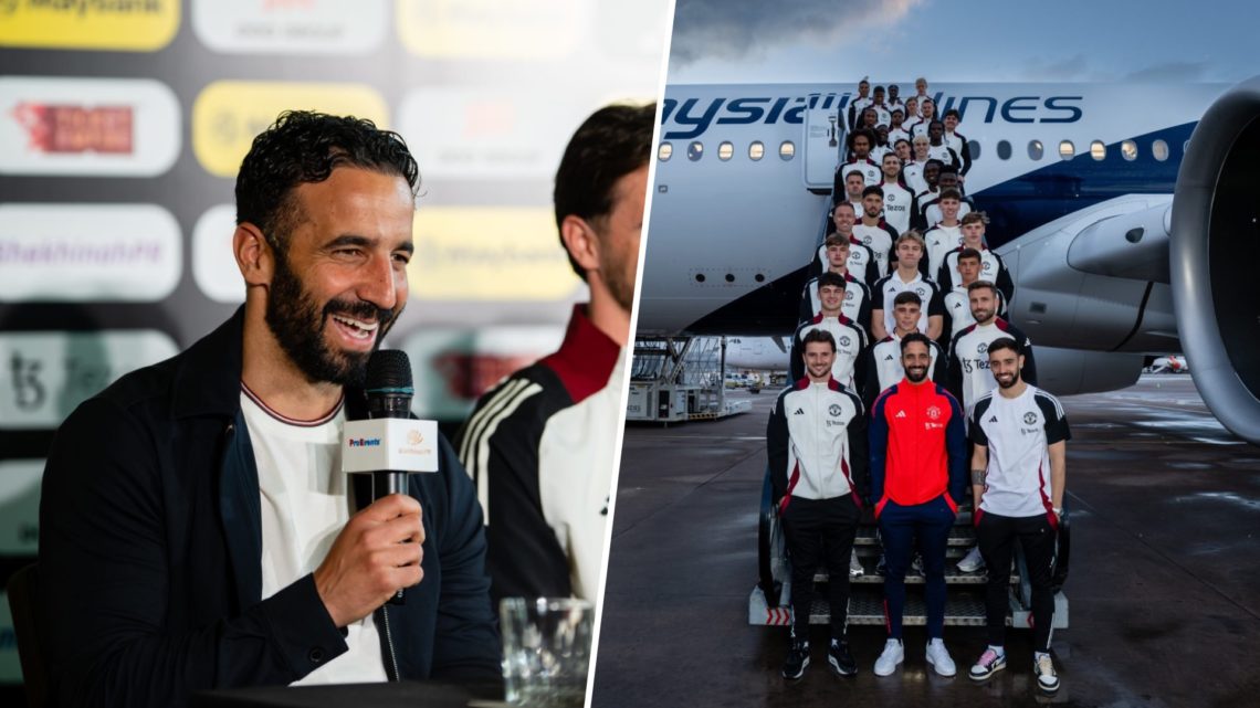 Split image, Ruben Amorim during press conference laughing while speaking into the microphone and Manchester United squad board plane for post seas...