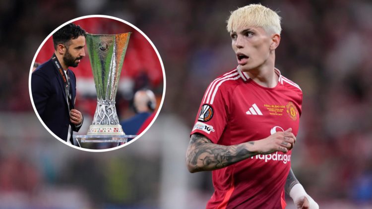 Alejandro Garnacho running during Europa League final for Manchester United. Inset, Ruben Amorim walks past trophy after losing to Tottenham.