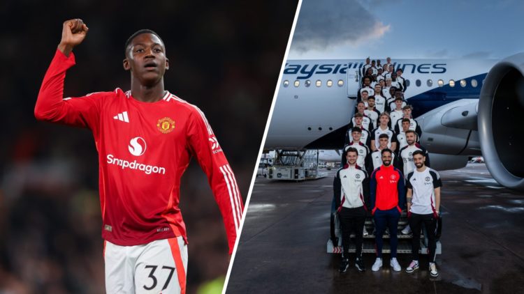 Split image of Manchester United midfielder Kobbie Mainoo and the 2025 post-season tour squad.