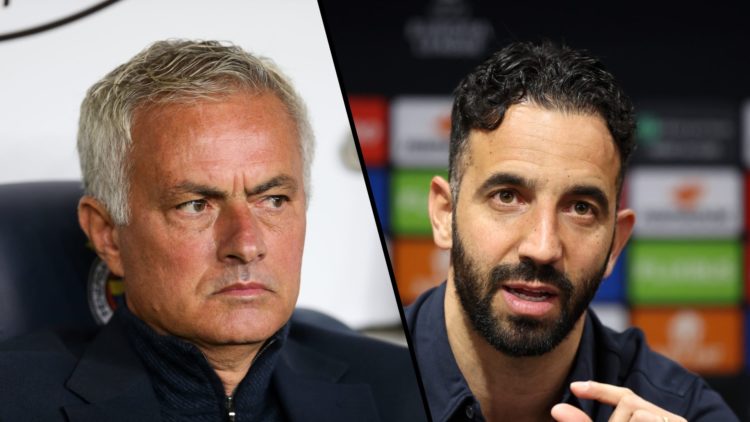 Split image. Jose Mourinho close up looking angry while on bench and Ruben Amorim makes gesture with his fingers during Manchester United press con...