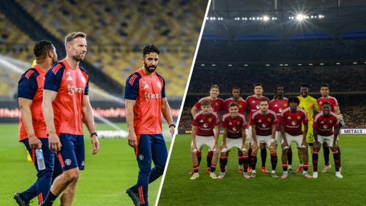 Split image of Manchester United staff and head coach Ruben Amorim, team line-up to face ASEAN All-Stars in post-season.