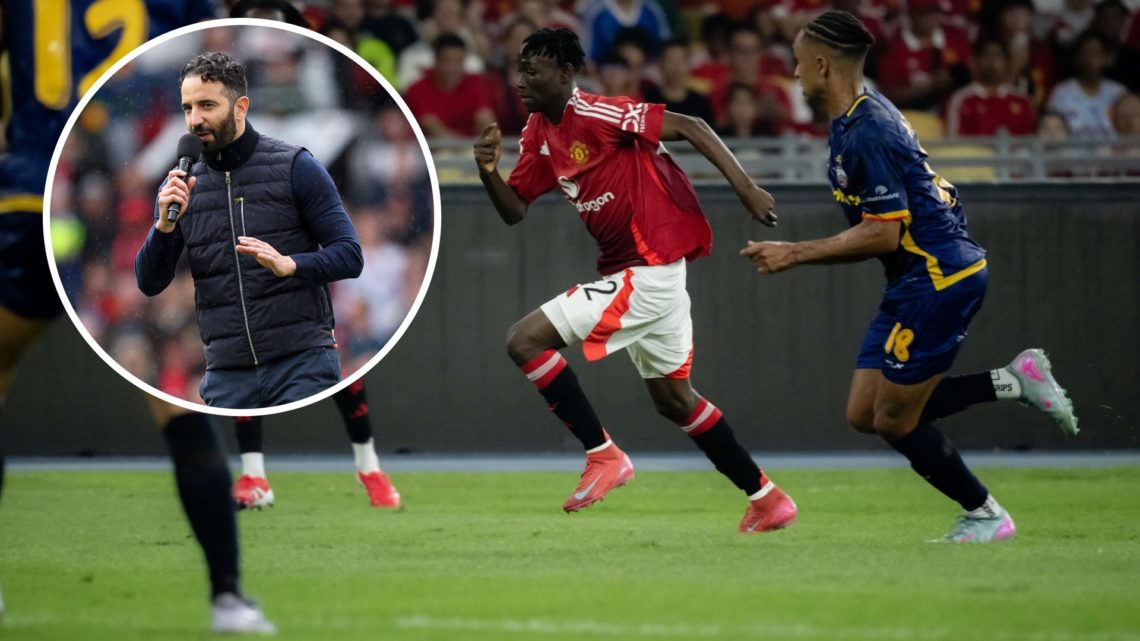 Manchester United's Sekou Kone in action vs ASEAN All-Stars, inset of head coach Ruben Amorim.
