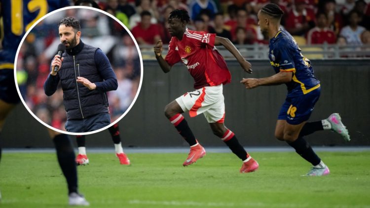 Manchester United's Sekou Kone in action vs ASEAN All-Stars, inset of head coach Ruben Amorim.