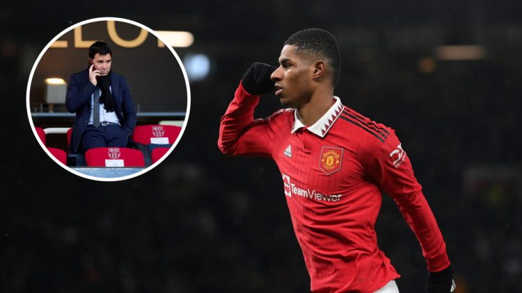 Manchester United forward Marcus Rashford in action, inset of Barcelona director Deco on the phone.