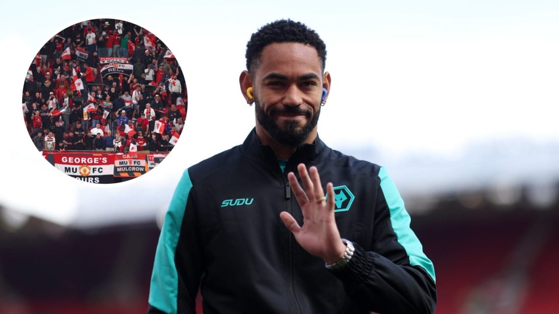 Wolves forward Matheus Cunha at Old Trafford, inset of Manchester United fans.