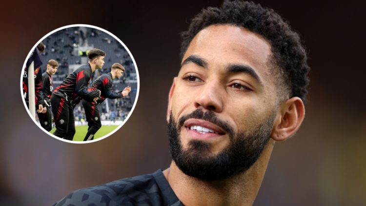 Matheus Cunha head shot image smiling while turned to the side. Inset Harry Amass, Jack Moorhouse and Jack Fletcher warm up for Manchester United.