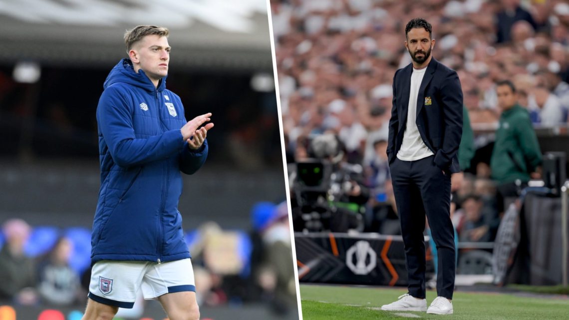 Liam Delap at Ipswich Town applauding the fans, Ruben Amorim standing on touchline as Man Utd manager