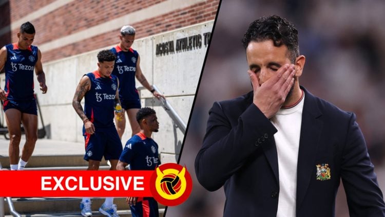 Split image, Ruben Amorim with head in his hands after Manchester United loss and Antony and Jadon Sancho in pre-season training 2024. Overlaid UIF...