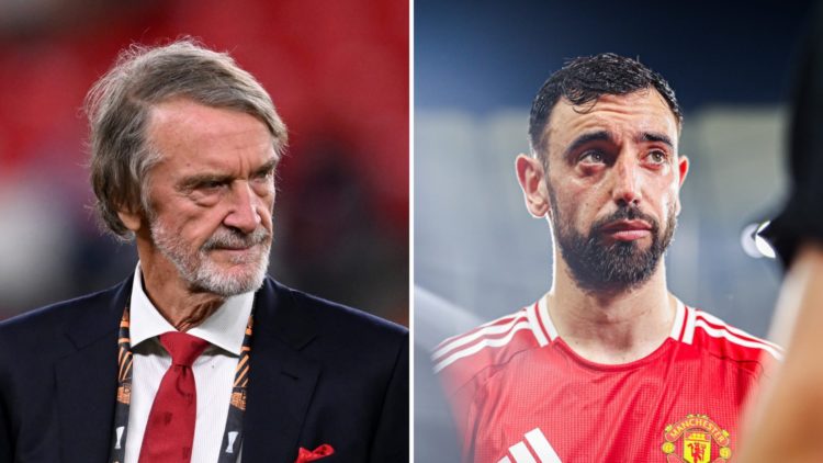 Split image. Sir Jim Ratcliffe looking stern and Bruno Fernandes with frustrated look on his face after Manchester United loss.