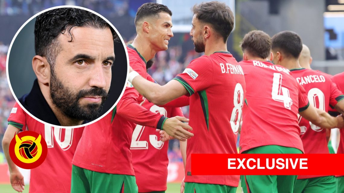 Bruno Fernandes and Cristiano Ronaldo split image with Ruben Amorim