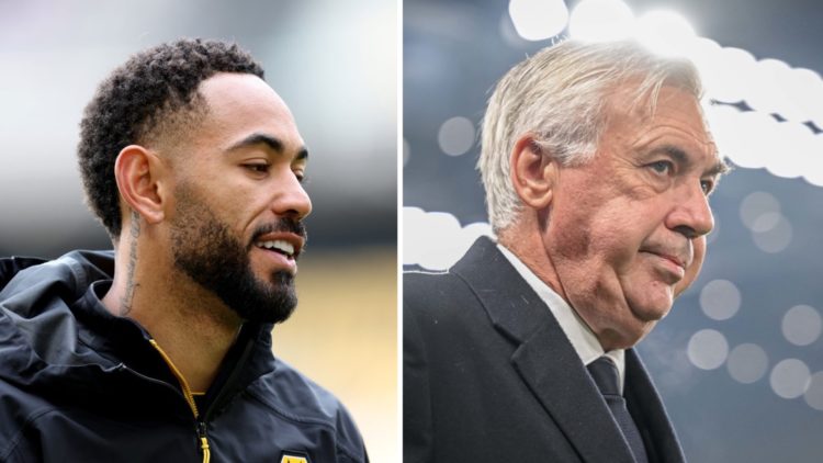 Split image. Matheus Cunha facing to his left during warm-up pictured close up and Carlo Ancelotti walking into stadium close up turned to left.