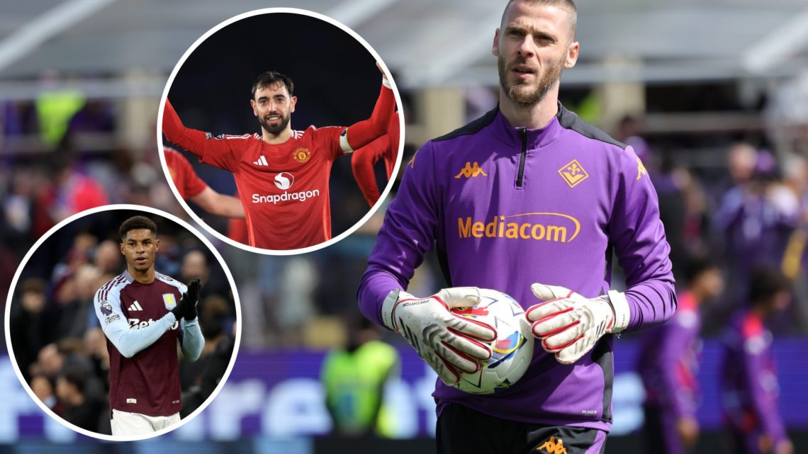 David de Gea split image with Bruno Fernandes and Marcus Rashford