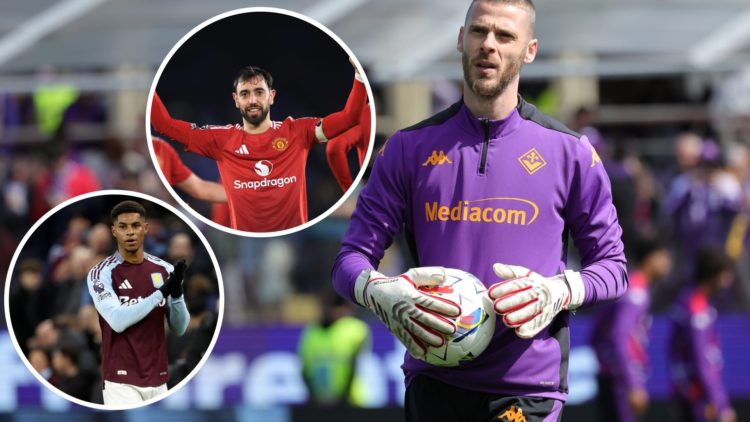 David de Gea split image with Bruno Fernandes and Marcus Rashford