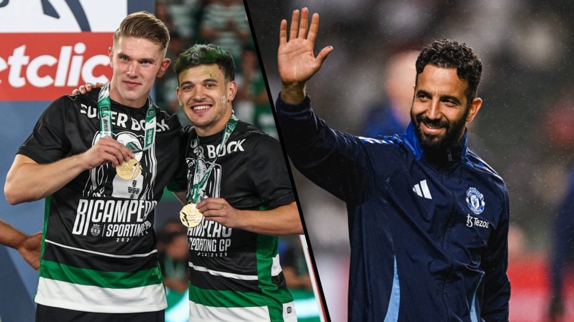 Split image. Viktor Gyokeres and Pedro Goncalves celebrate title win with medals and Ruben Amorim wearing Manchester United training kit gives thum...