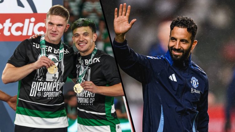 Split image. Viktor Gyokeres and Pedro Goncalves celebrate title win with medals and Ruben Amorim wearing Manchester United training kit gives thum...