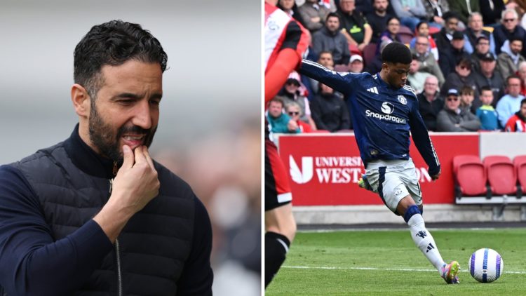 Split image of Manchester United manager Ruben Amorim and Amad Diallo vs Brentford.