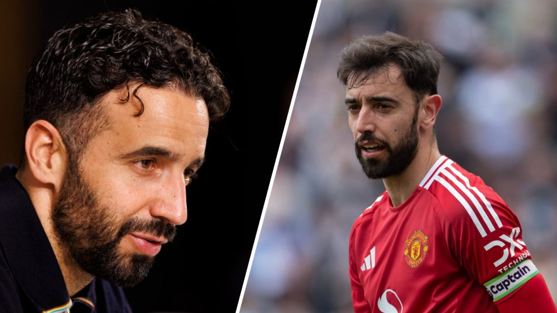 Split image of Manchester United head coach Ruben Amorim and club captain Bruno Fernandes.