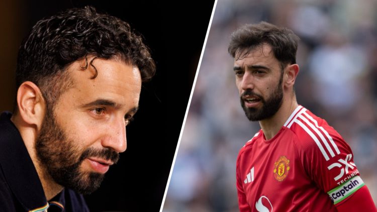 Split image of Manchester United head coach Ruben Amorim and club captain Bruno Fernandes.