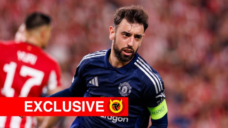 Bruno Fernandes running in Manchester United away kit, Overlaid UIF logo and exclusive banner.