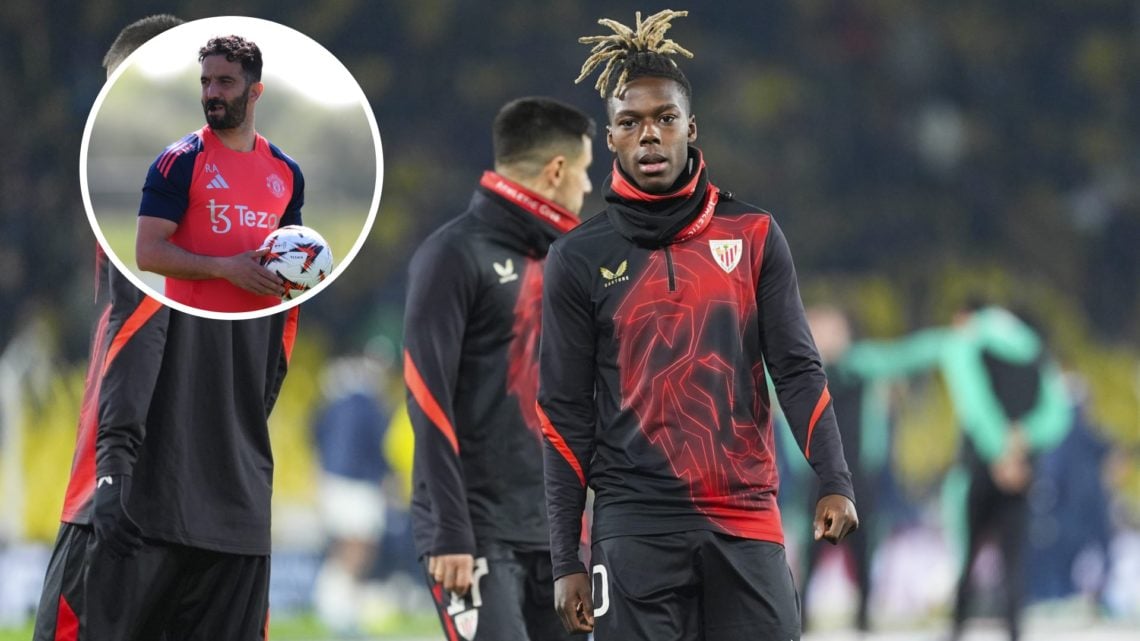 Athletic Club forward Nico Williams in training, inset of Manchester United head coach Ruben Amorim.