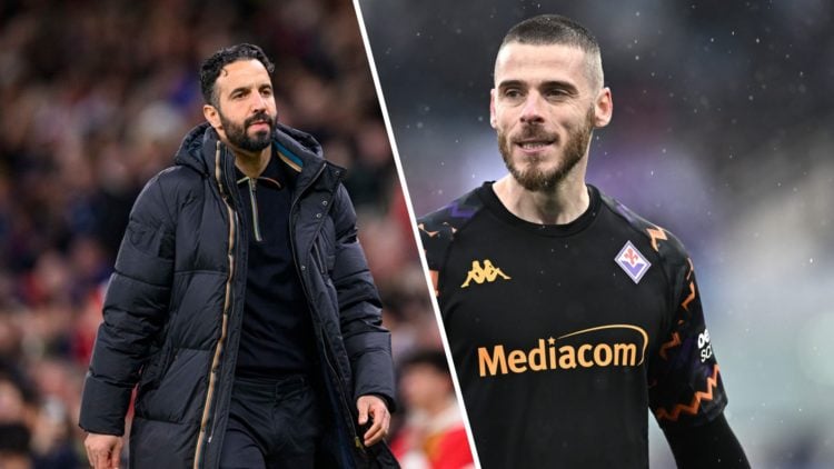 Split image of Manchester United head coach Ruben Amorim and former goalkeeper David de Gea.