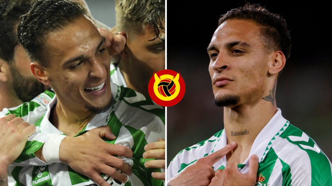 Split image, Antony celebrating with Real Betis team mates close up and Antony points to his neck tattoo after scoring. Overlaid UIF logo.