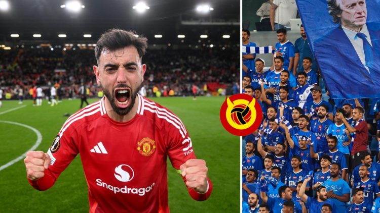 Split image, Bruno Fernandes celebrates with fists pumped directly into camera while shouting, Al-Hilal fans celebrate in stands. Overlaid UIF logo.